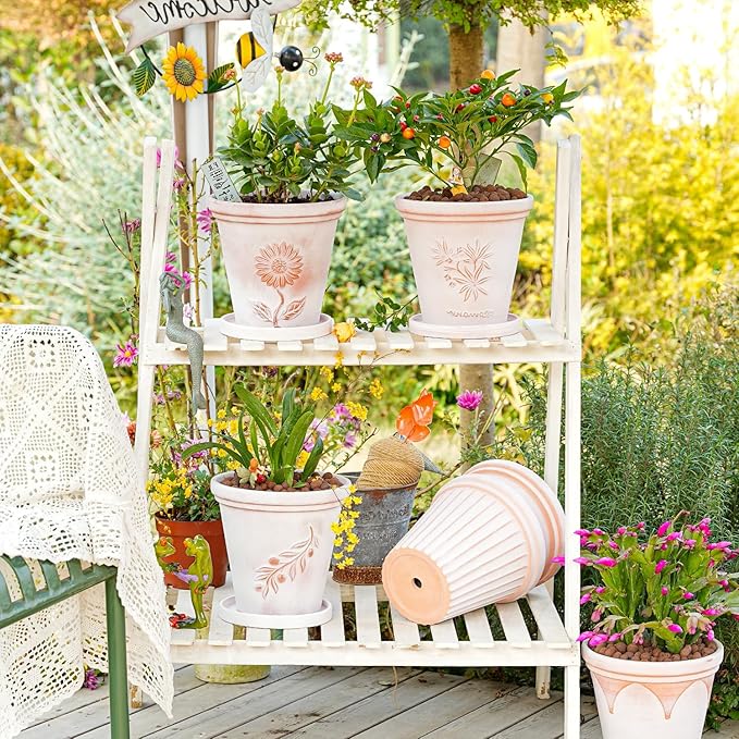 Sungmor Set of 3 Terra Cotta Pots with Saucer & Drainage Hole, 8 Inch Large & Deep Clay Pots, Unique Embossed & Pretty Color Pottery Planters for Plants Orchid Cactus Succulent