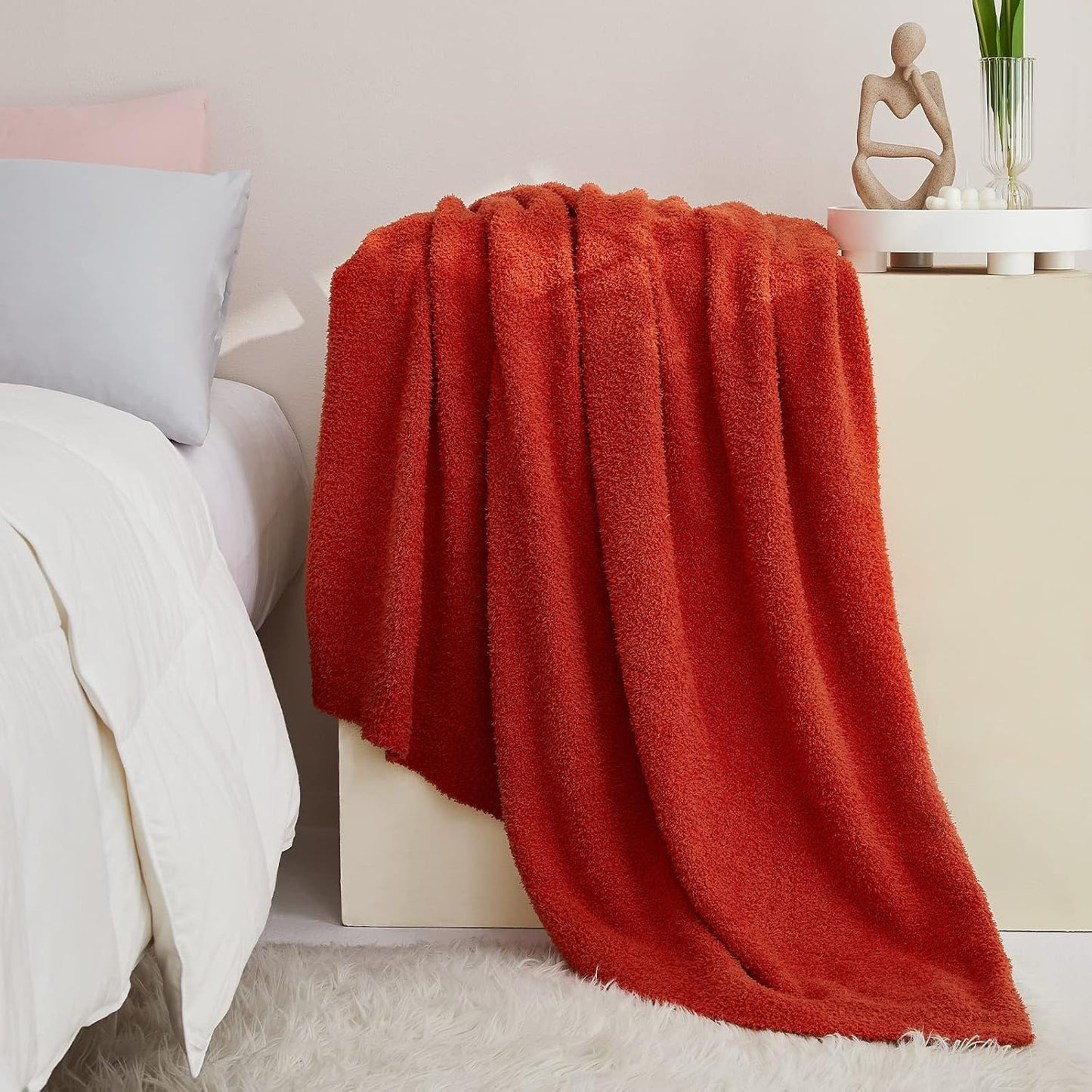 CYMULA Super Soft Knit Throw Blanket Twin Size Orange-Lightweight Plush Fuzzy Fluffy Warm Cozy Blankets and Throws for Sofa Bed All Season Use, 60x80 inches