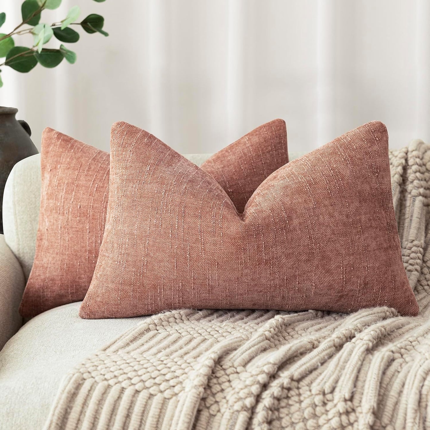 Foindtower Pack of 2 Soft Textured Chenille Throw Decorative Pillow Covers Square Accent Solid Cushion Cover Neutral Lumbar Pillow Case for Couch Sofa Bedroom Living Room 12x20 Inch,Dusty Pink