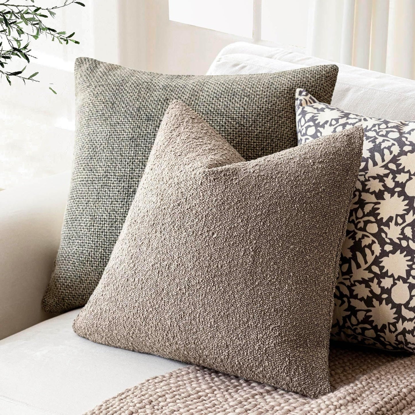 Foindtower Set of 2, Decorative Textured Boucle Throw Pillow Covers Accent Solid Pillow Cases Neutral Soft Cozy Couch Cushion Case for Chair Sofa Bedroom Living Room Home Decor 16x16 Inch Light Taupe