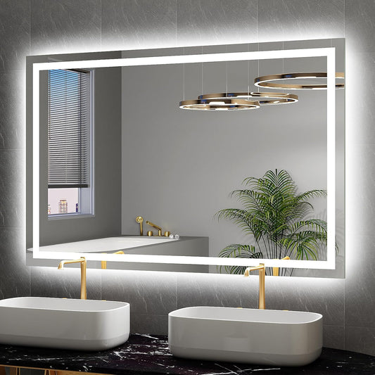 LED Mirror for Bathroom 55x36 Lighted Bathroom Vanity Mirrors with Lights, Brighter Frontlit and Backlit Anti-Fog Mirror, Tempered Glass, Dimmable 3 Colors Light Modes, Memory Function