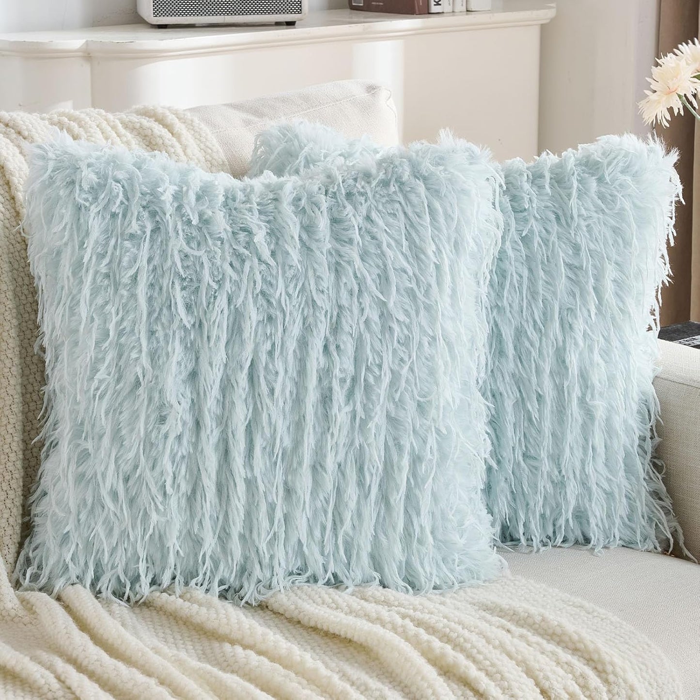 FUTEI Light Blue Decorative Throw Pillow Covers 20x20 Inch Set of 2,Soft Fluffy Faux Feather Texture Cushion Cases,Modern Home Luxury Decor for Couch Bed Living Room