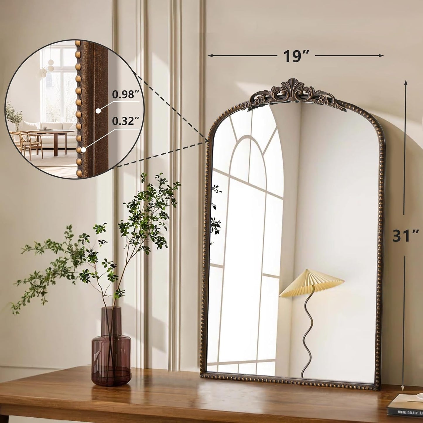 Micasso Vintage Arch Bronze Mirror: 31"x 19" French Baroque Antique Mirror - Traditional Ornate Decorative Mirrors for Wall/Bathroom/Entryway/Hallway - Home Decor for Living Room