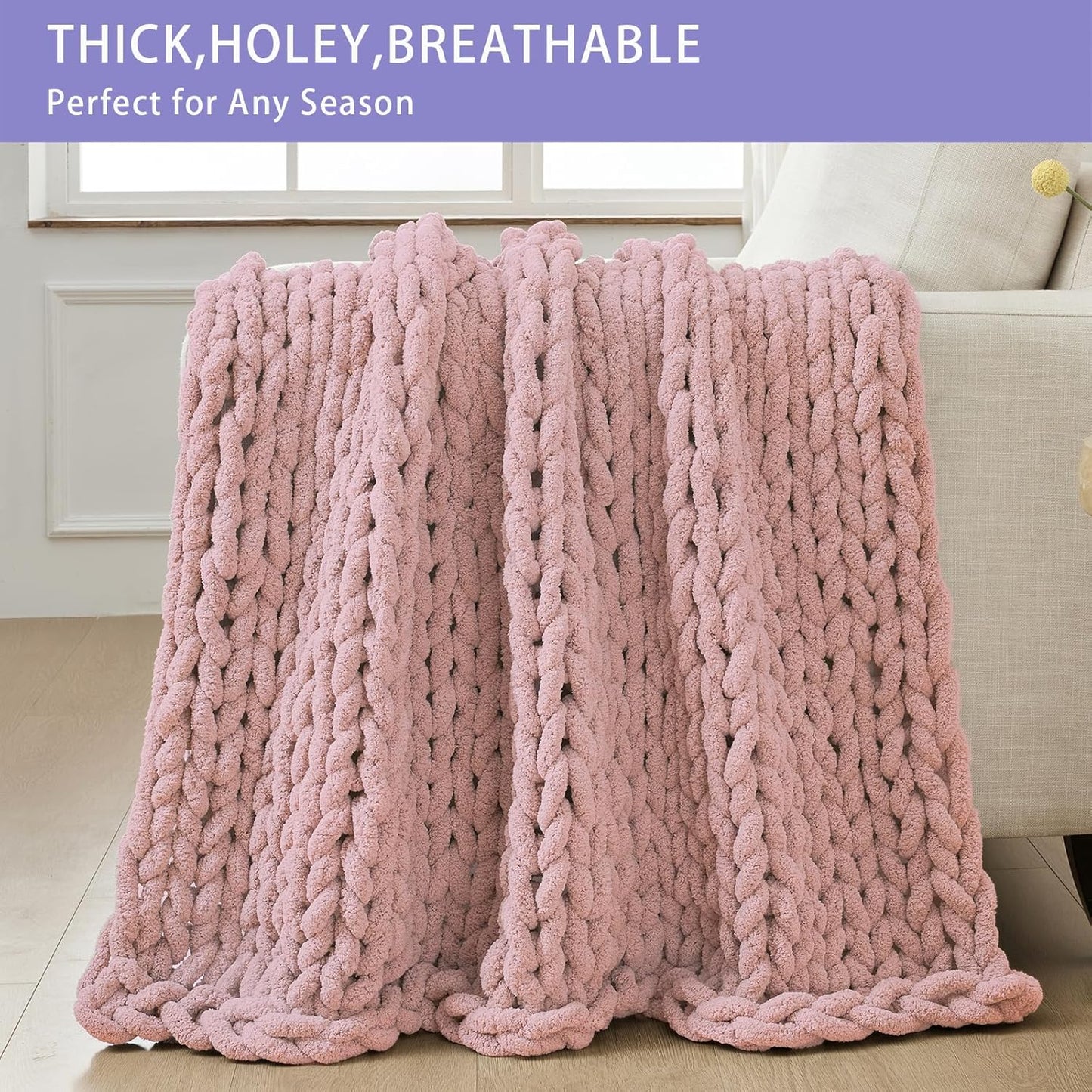 Bigacogo Chunky Knit Throw Blanket for Couch, 40x60 inches, 100% Hand Knitted with Thick Jumbo Chenille Yarn, Cozy Soft Large Rope Knot Cable Crochet Blankets for Sofa Bed Living Room, Dusty Pink