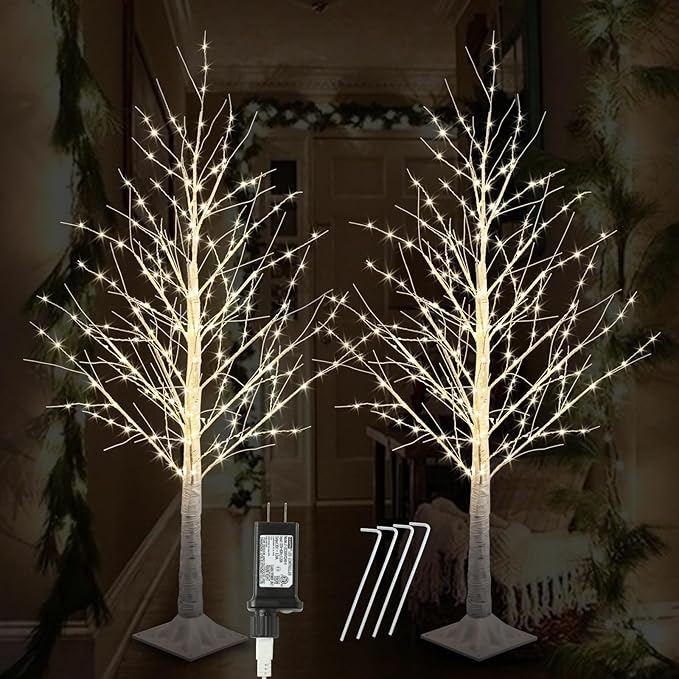 2pack 4FT 240 LED Christmas Birch Tree Warm White Lights with Twinkle Lights, LED Lighted Birch Tree for Indoor Outdoor Christmas Tree Decorations