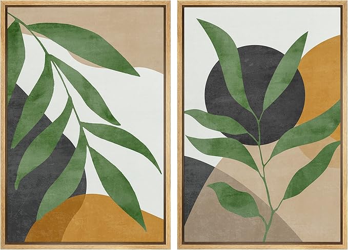 SIGNFORD Framed Canvas Print Wall Art Set Geometric Mid-Century Plant Collage Abstract Shapes Illustration Modern Art Decorative Nordic Nature for Living Room, Bedroom, Office - 16"x24"x2 Natural