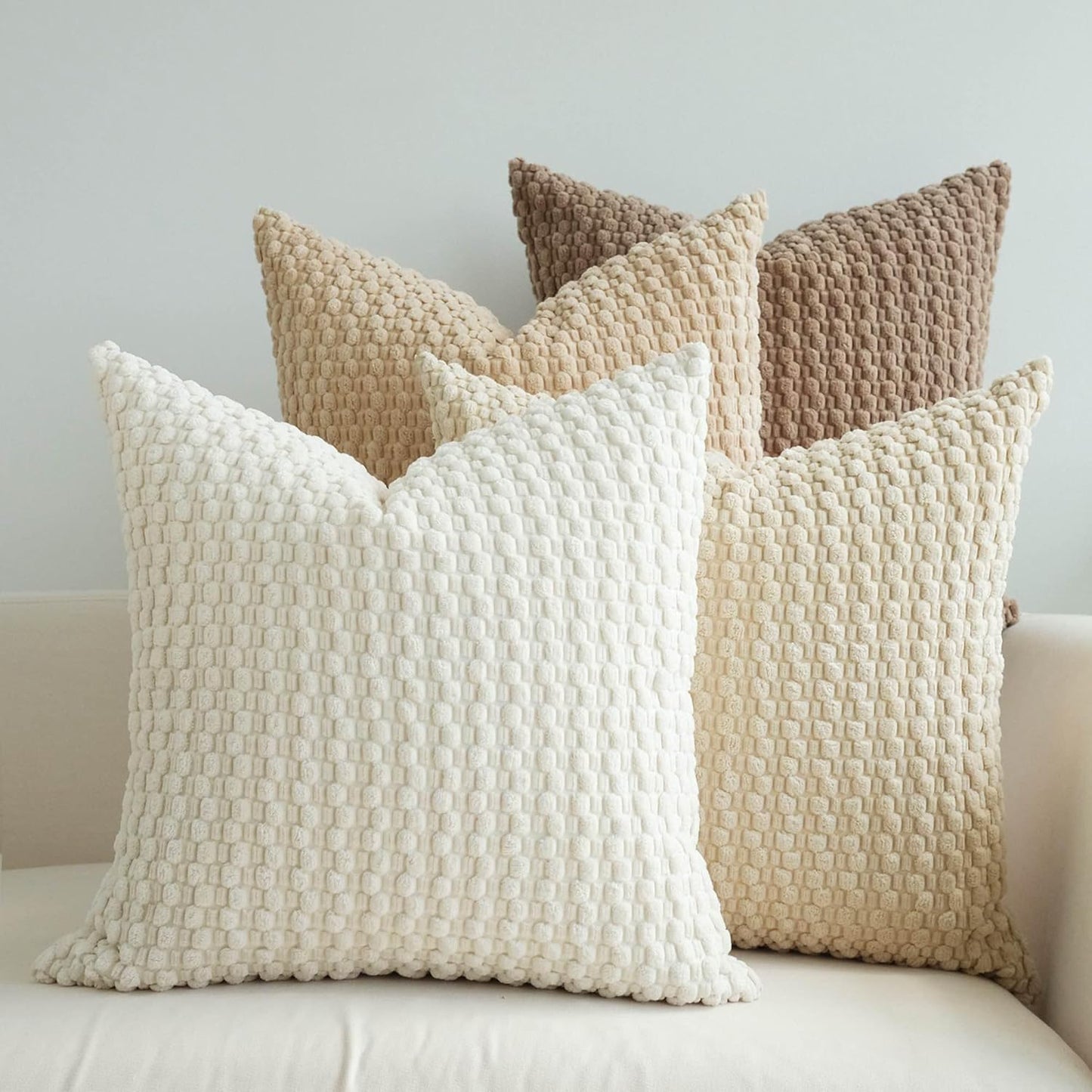 JOJUSIS Pack of 4 Neutral Decorative Throw Pillow Covers Farmhouse Boho Home Decor Striped Corduroy Square Pillowcases 18 x 18 Inch Beige Chocolate