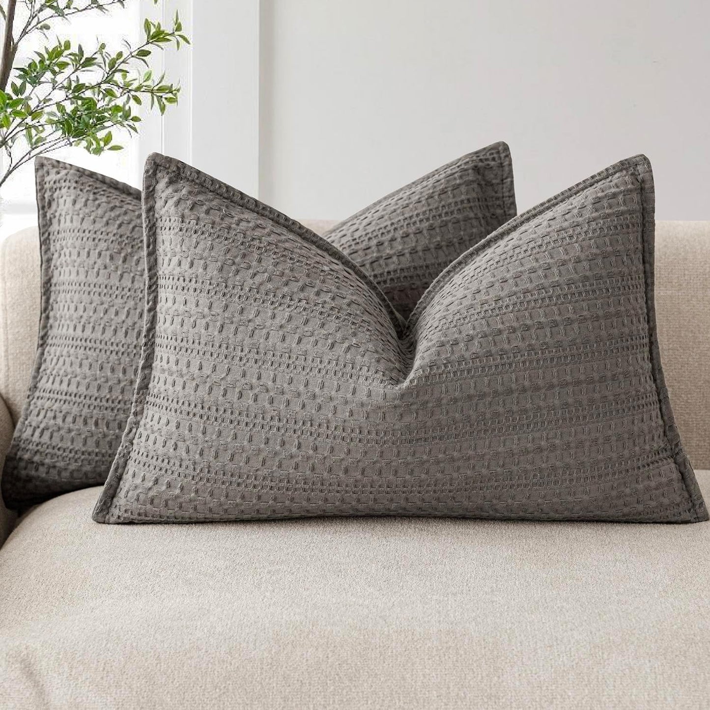 Foindtower Set of 2 Decorative Cotton Waffle Weave Lumbar Throw Pillow Covers Euro Shams Cushion Covers Accent European Pillowcase for Bed Couch Bedroom Living Room Home Decor 12×20 Inch Taupe Gray