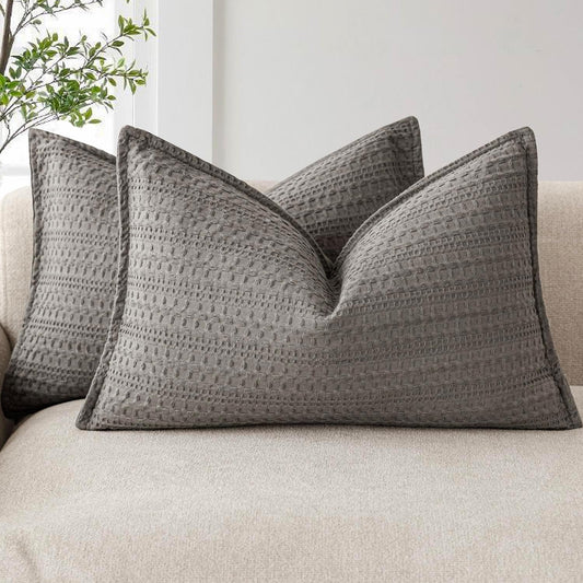 Foindtower Set of 2 Decorative Cotton Waffle Weave Lumbar Throw Pillow Covers Euro Shams Cushion Covers Accent European Pillowcase for Bed Couch Bedroom Living Room Home Decor 12×20 Inch Taupe Gray