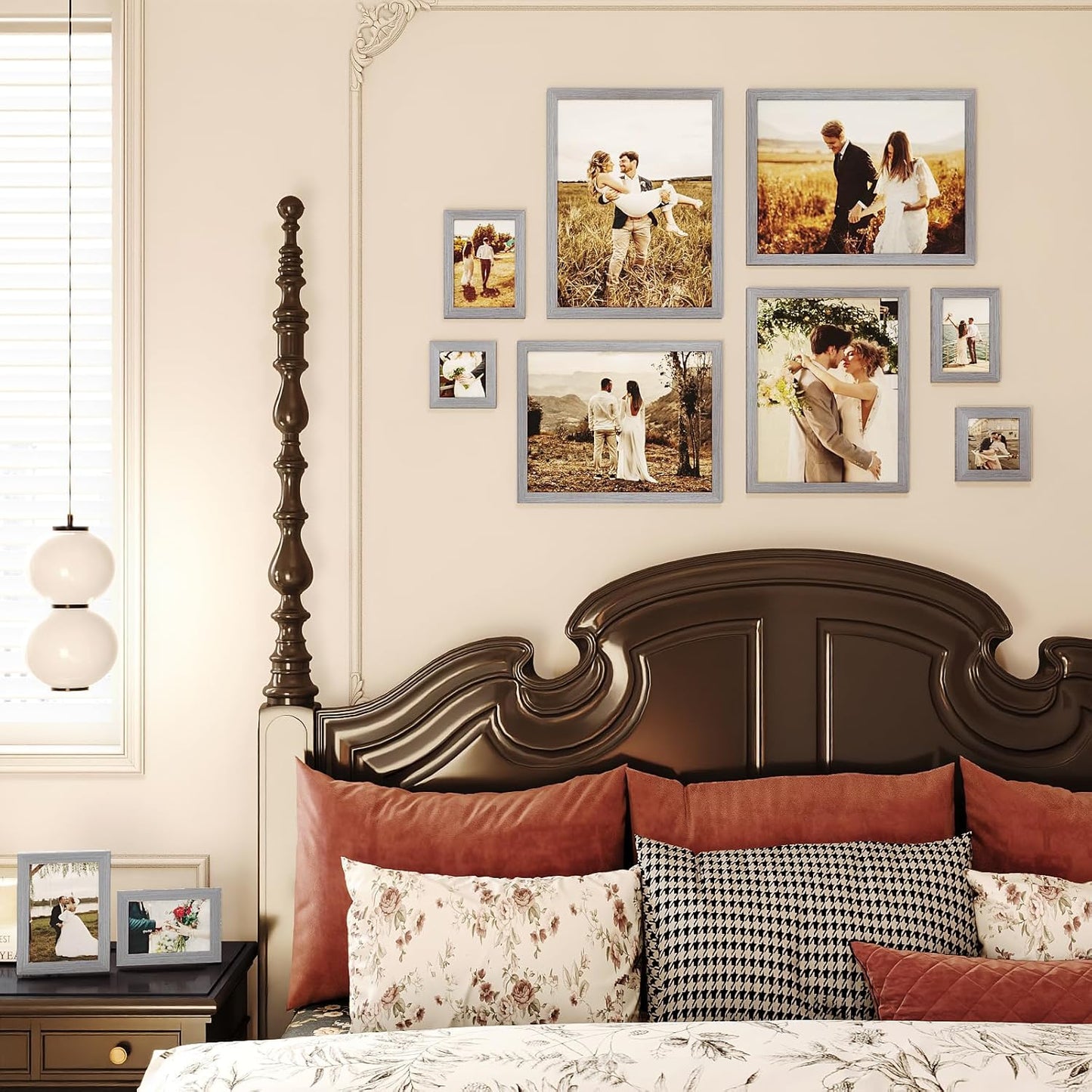 Egofine Picture Frame Set, Collage Wall & Tabletop Decor with Two Sizes - 12x16, 11x14, 5x7, 4x6, 4x4; Solid Wood, Plexiglass Cover, Oak Grey