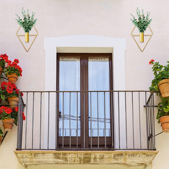 2 Pieces Gold Wall Decor Hanging Planters with Artificial Plants Metal Vase Indoor Plants Holder Modern Geometric Wall Art for Home Bathroom Bedroom Living Room Office(Eucalyptus,Medium)