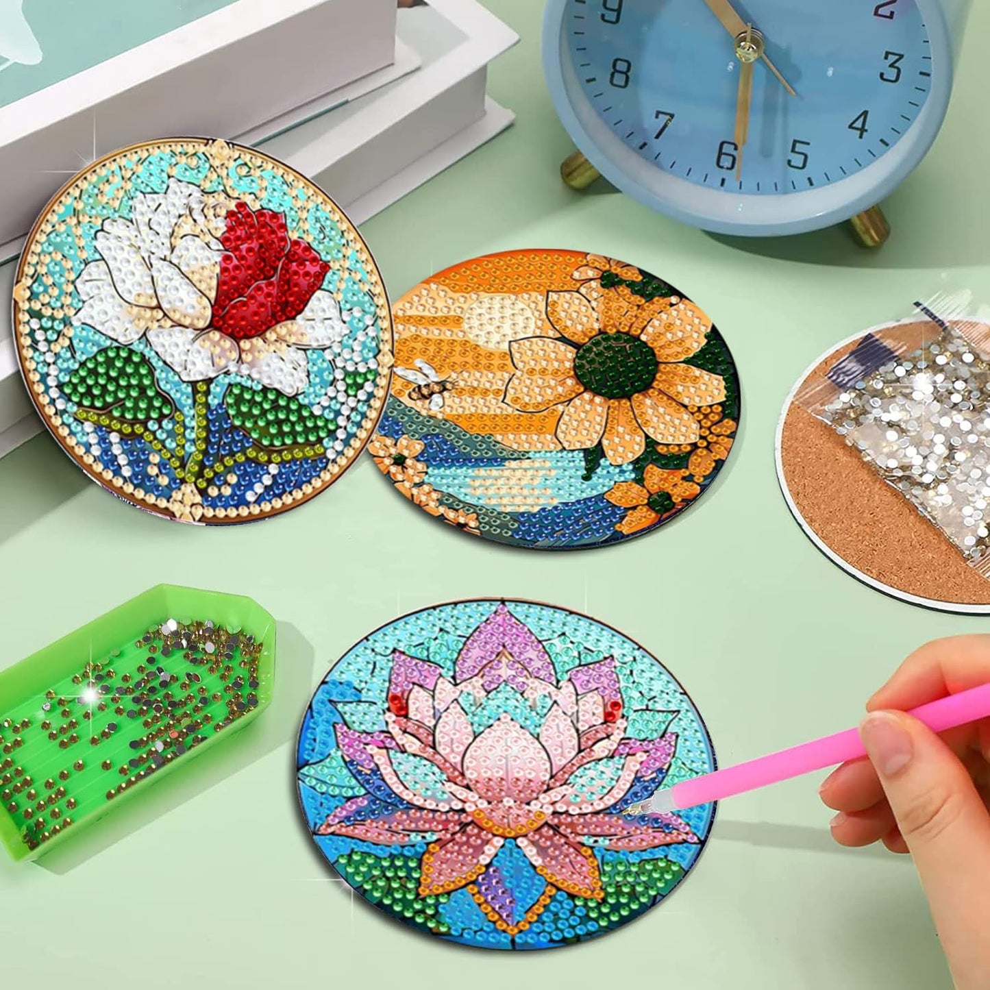 EWJRNSF 6 PCS Small Diamond Art Coasters Kits, Diamond Painting Coasters, Fall Diamond Art Kits for Adults Beginners, Arts and Crafts Item Sets with Holder for Drinks. Flowers