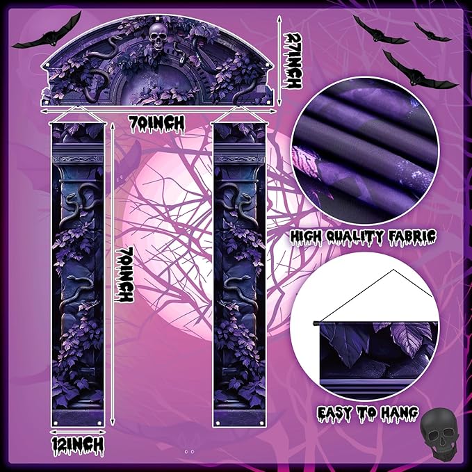 3 Pcs Halloween Cemetery Archway Halloween Cemetery Banners Gothic Outdoor Banners Sign Banner Decorations for Outdoor Party Supplies (Scary Purple)