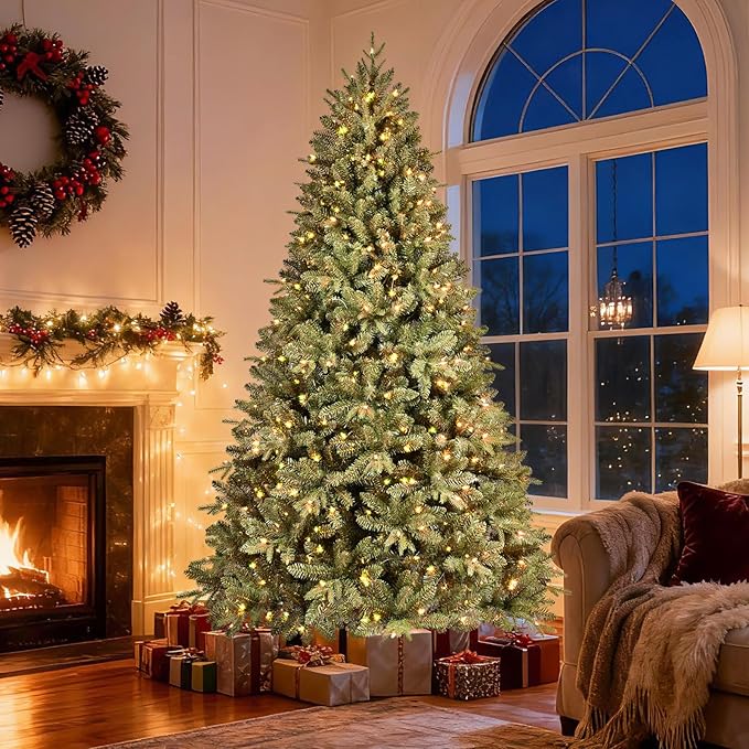 6.5 FT Pre-Lit Artificial Christmas Tree with 1706 PE&PVC Mixed Branch Tips, 450 Warm White Lights, Hinged Premium Spruce Fake Xmas Trees, Green, Foldable Base