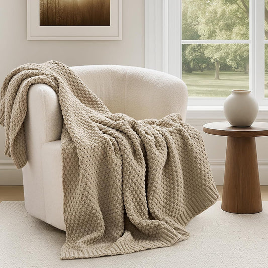 EVERGRACEHOME Chunky Chenille Knit Throw Blanket for Couch, Soft Luxurious Moss Stitch Blankets for Bed, Cozy Decorative Farmhouse Knitted Throws for Sofa, Sand Dune, 60" x 80"