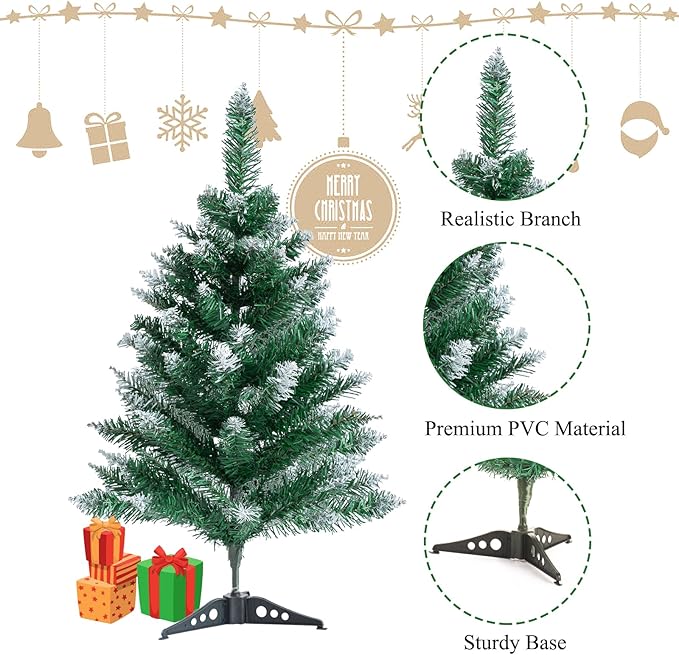 2Ft Artificial Christmas Tree Green Tabletop Christmas Tree with Flocking Snow Frost Tips Plastic Stand Mini Xmas Pine Tree for Party Supplies Indoor Outdoor Holiday Home Decoration