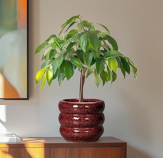 SQOWL Ceramic Flower Pots - 8 Inch Planter for Indoor Plants, Ceramic Plant Pot with Drainage Hole, Bubble Round Planter for Outdoor Plants, Office Home Desk Decor, House Warming Gifts, Red