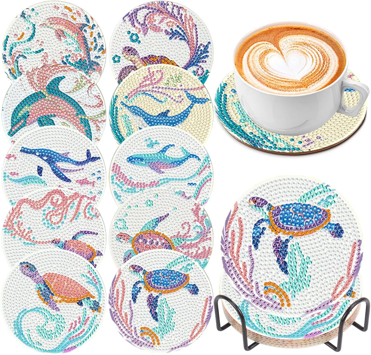 EWJRNSF 10 PCS Diamond Art Coasters Kit, Small Diamond Painting Coasters, Fall Diamond Art Kits for Adults Beginners, Arts and Crafts Supplies Item Sets with Holder Ocean