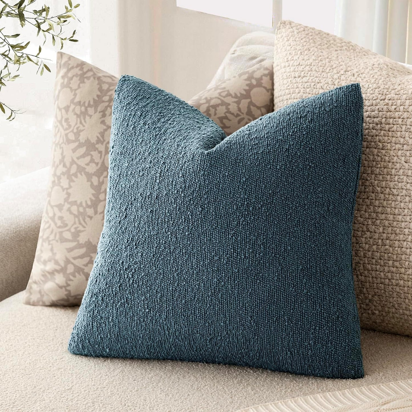 Foindtower Set of 2, Decorative Textured Boucle Throw Pillow Covers Accent Solid Pillow Cases Neutral Cozy Couch Cushion Case for Chair Sofa Bedroom Living Room Home Decor 26x26 Inch Misty Blue