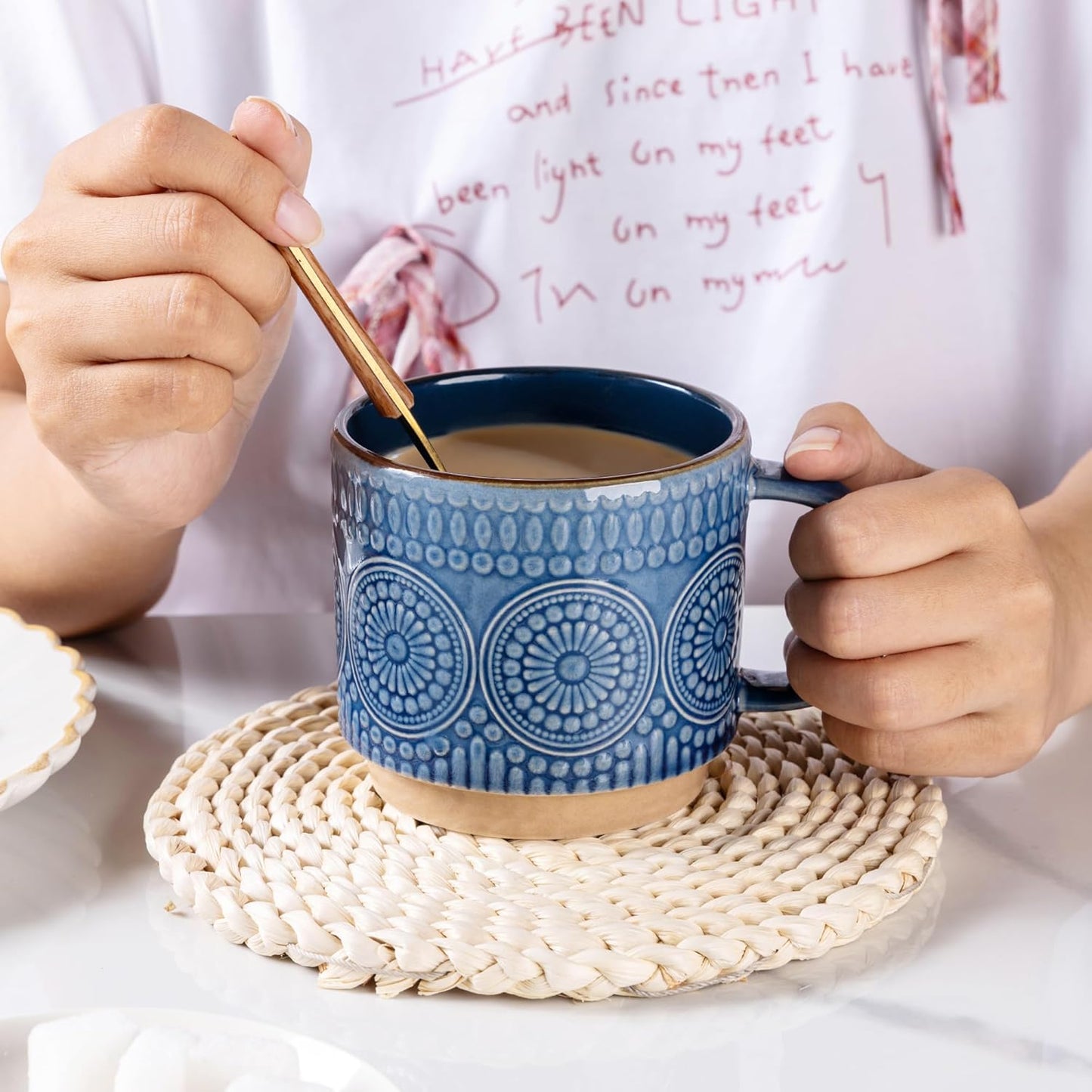 GBHOME 12OZ Stackable Coffee Mugs, Ceramic Coffee Mugs with Texture Patterns for Man,Woman,Dad,Mom, Modern Coffee Mugs Set of 4 for Latte/Cappuccino/Cocoa. Dishwasher&Microwave Safe