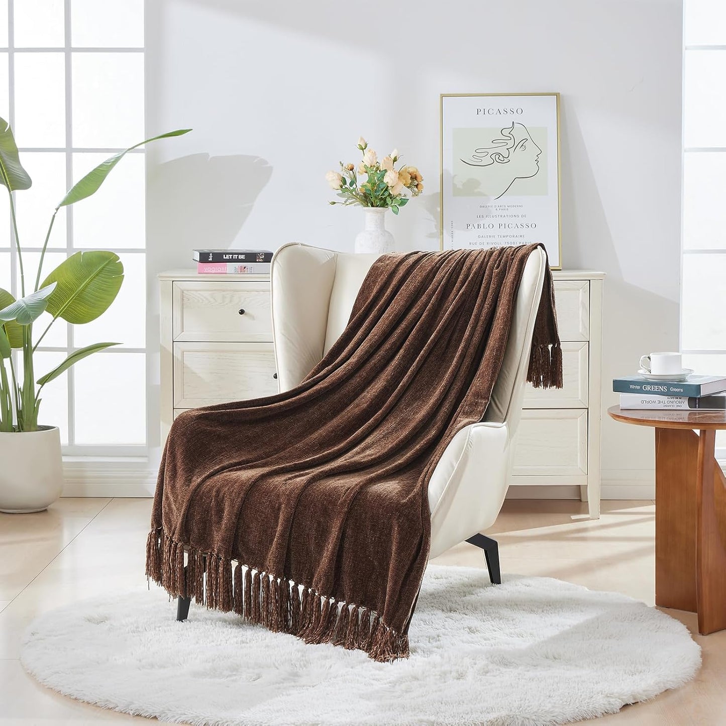 CozeCube Chenille Throw Blanket for Couch, Cozy Plush Fuzzy Decorative Dark Brown Blanket with Fringe Tassels, Lightweight Throws for Bed Sofa Gift Home Decor, 50"X60"