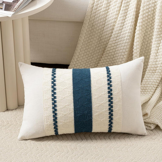 Fancy Homi Set of 1 Boho Teal Lumbar Decorative Throw Pillow Cover 12x20 Inch for Couch Bed Sofa Chair, Modern Organic Farmhouse Home Decor, Soft Cotton Cute Accent Rectangle Cushion Case