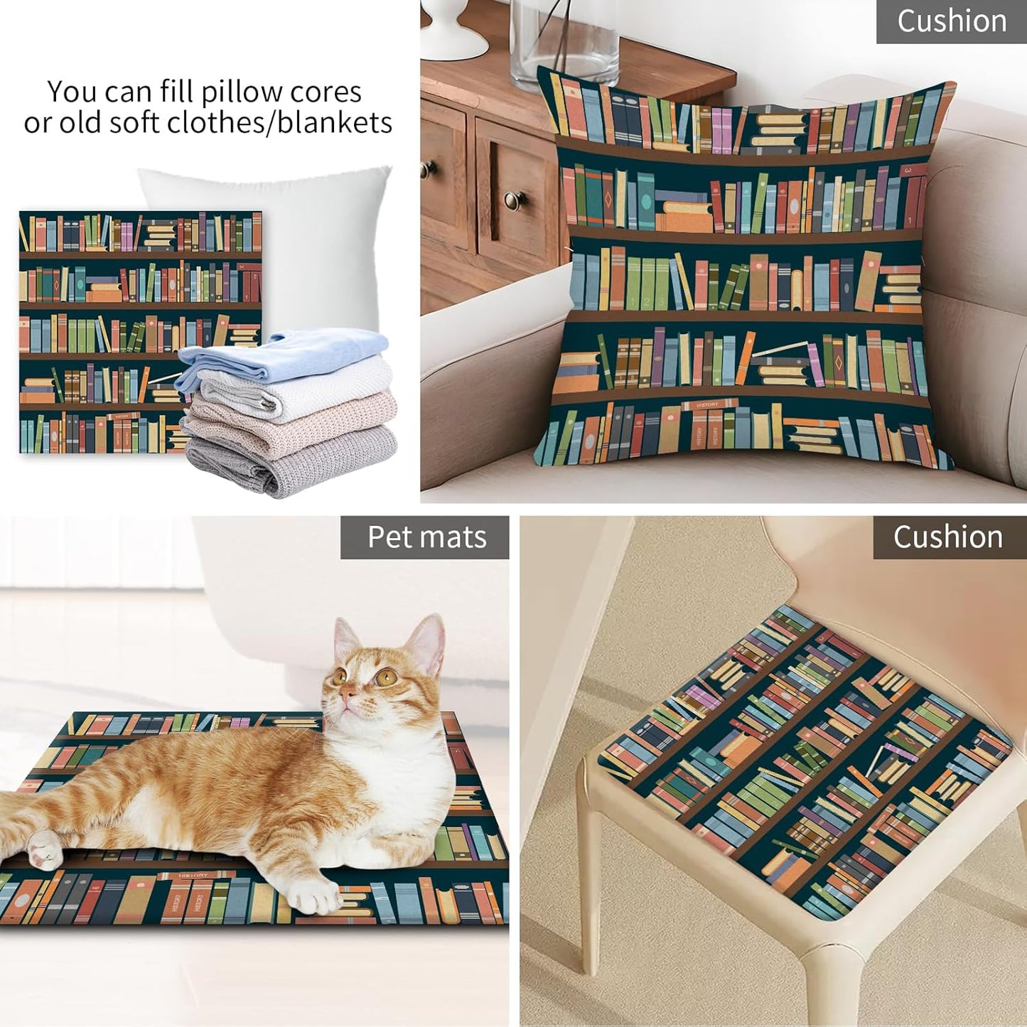 Decorative Throw Pillow Covers 18x18 Inch, Cute Home Decor for Living Room Outdoor Funny Pillowcase Polyester Cushion Case Colorful Bookshelf