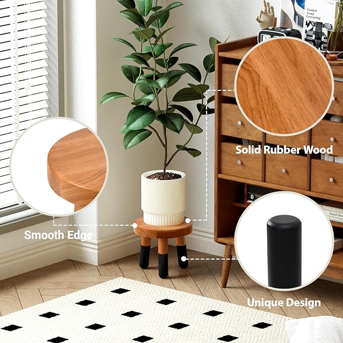 Rubber Wood 9" Round Plant Stand |Dip Dyed Black Stool, Wood Riser |Milking Stool (8" H)