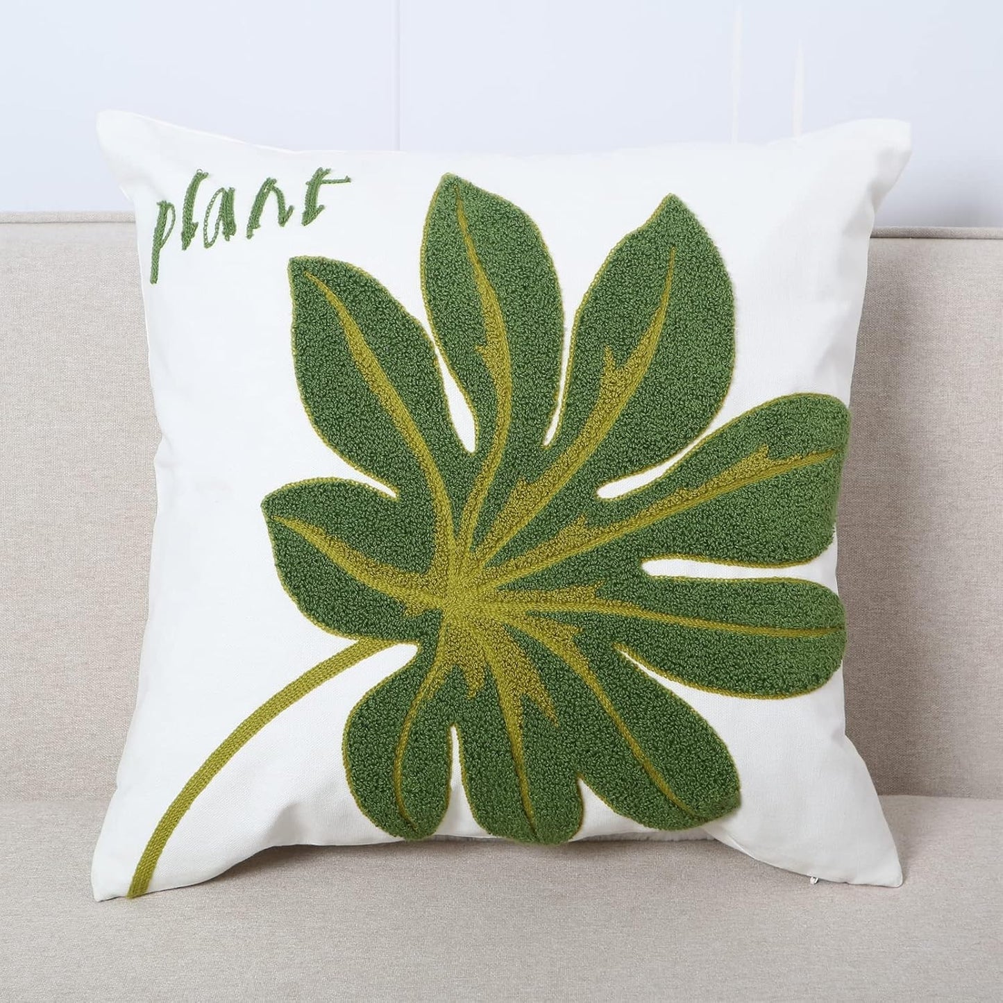 Embroidery Throw Pillow Cover 18x18 Green Tropical Leaf Loop Plant Word Embroidered Floor Pillow Cover for Couch 100% Cotton Decorative Cushion Cover Home Décor Pillow Case 45x45cm, 1 Piece