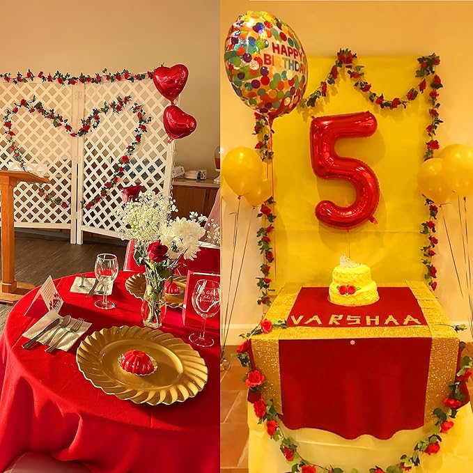 UKELER 2 Pack 14FT Artificial Rose Vines Red Flower Garland Artificial Rose Flowers with Green Leaves Floral Plant for Wedding Arch Party Garden Craft Home Decor