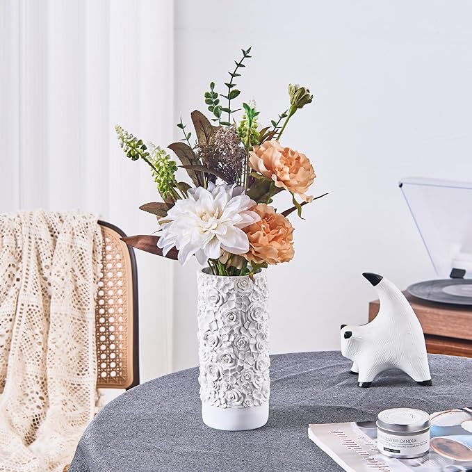 White Rose Hand-Carved Resin Vase – 8 Inch Decorative Cylinder Vase for Pampas Grass, Centerpiece, Home Decor | Elegant Entryway, Countertop & Nightstand Accent | Unique Housewarming Gift