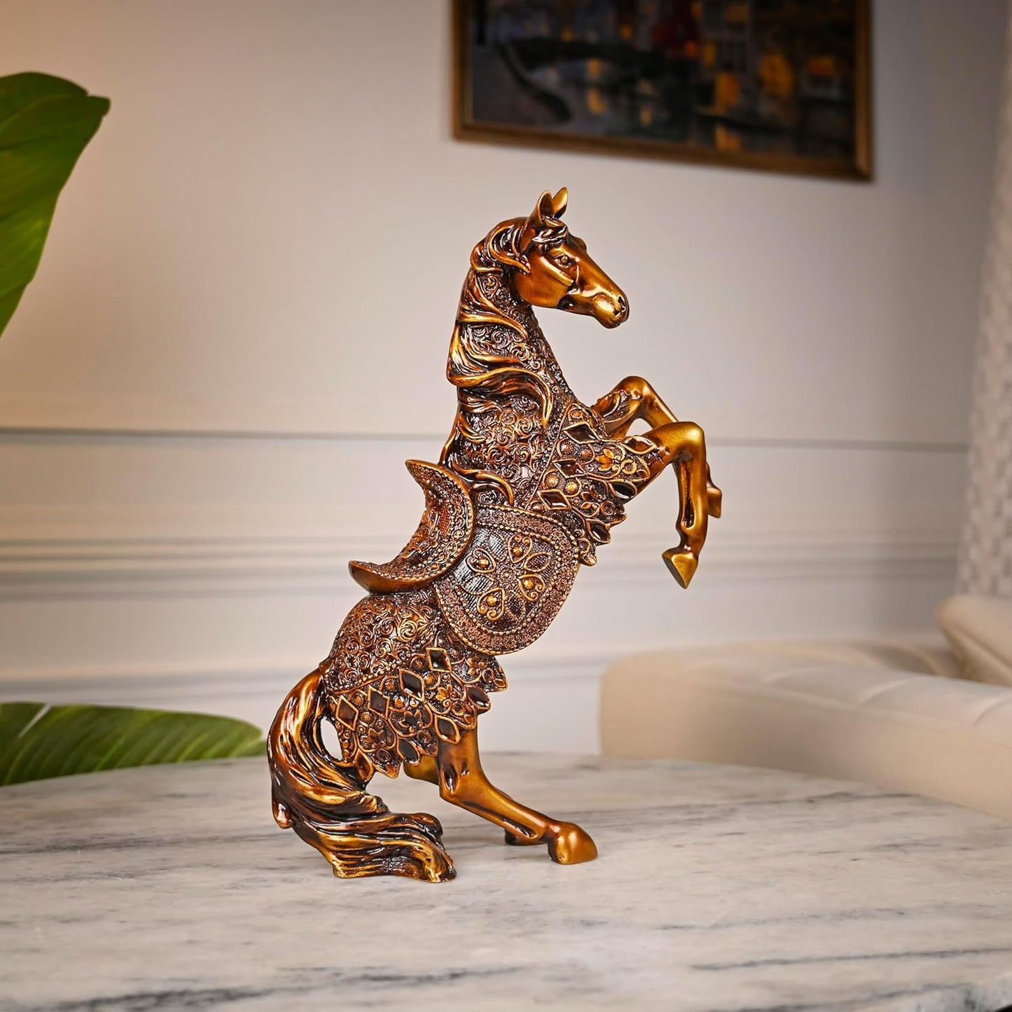 Horse Statue for Home Decor - Office Showpiece Item - Golden Art 14'' Figurines Statues for Desk & Room Cabinet to Attract Luck and Wealth Resin Horse Ornaments Gift for Mother - 1pcs