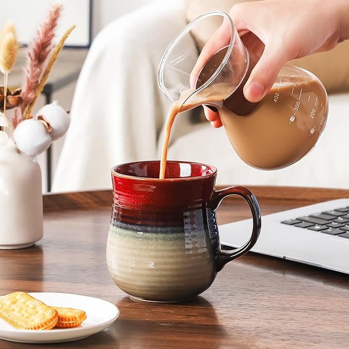 21 oz Large Ceramic Coffee Mugs, Pottery Mug Handmade, Ceramic Tea Cups with Handle for Office and Home, Dishwasher and Microwave Safe (Ink Red)