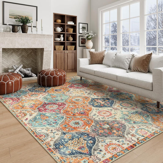Lahome Moroccan 5x8 Area Rug, Ultra-Thin Washable Rugs for Living Room Bedroom, Soft Large Oriental Non-Slip Non Shedding Throw Large Carpet for Dining Room Office, Cream/Multi