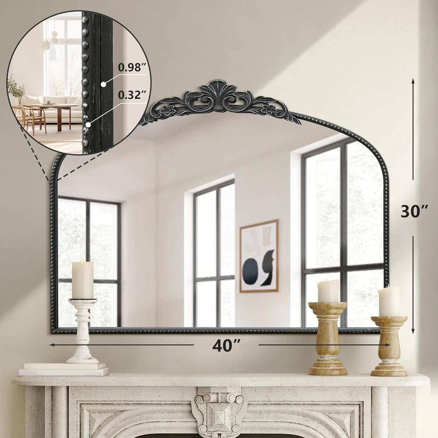 Micasso Large Vintage Black Mirror: 40" x 30" French Baroque Antique Mirror - Traditional Ornate Decorative Arched Mirrors for Wall/Bathroom/Entryway/Fireplace/Hallway - Home Decor for Living Room