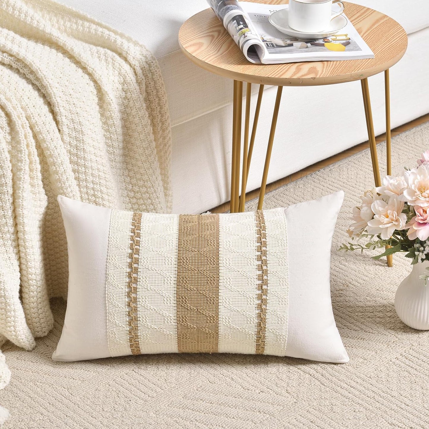 Fancy Homi Set of 2 Neutral Tan Lumbar Decorative Throw Pillow Cover 12x20 Inch for Couch Bed Sofa Chair, Modern Organic Farmhouse Boho Home Decor, Soft Cotton Cute Accent Taupe Rectangle Cushion Case