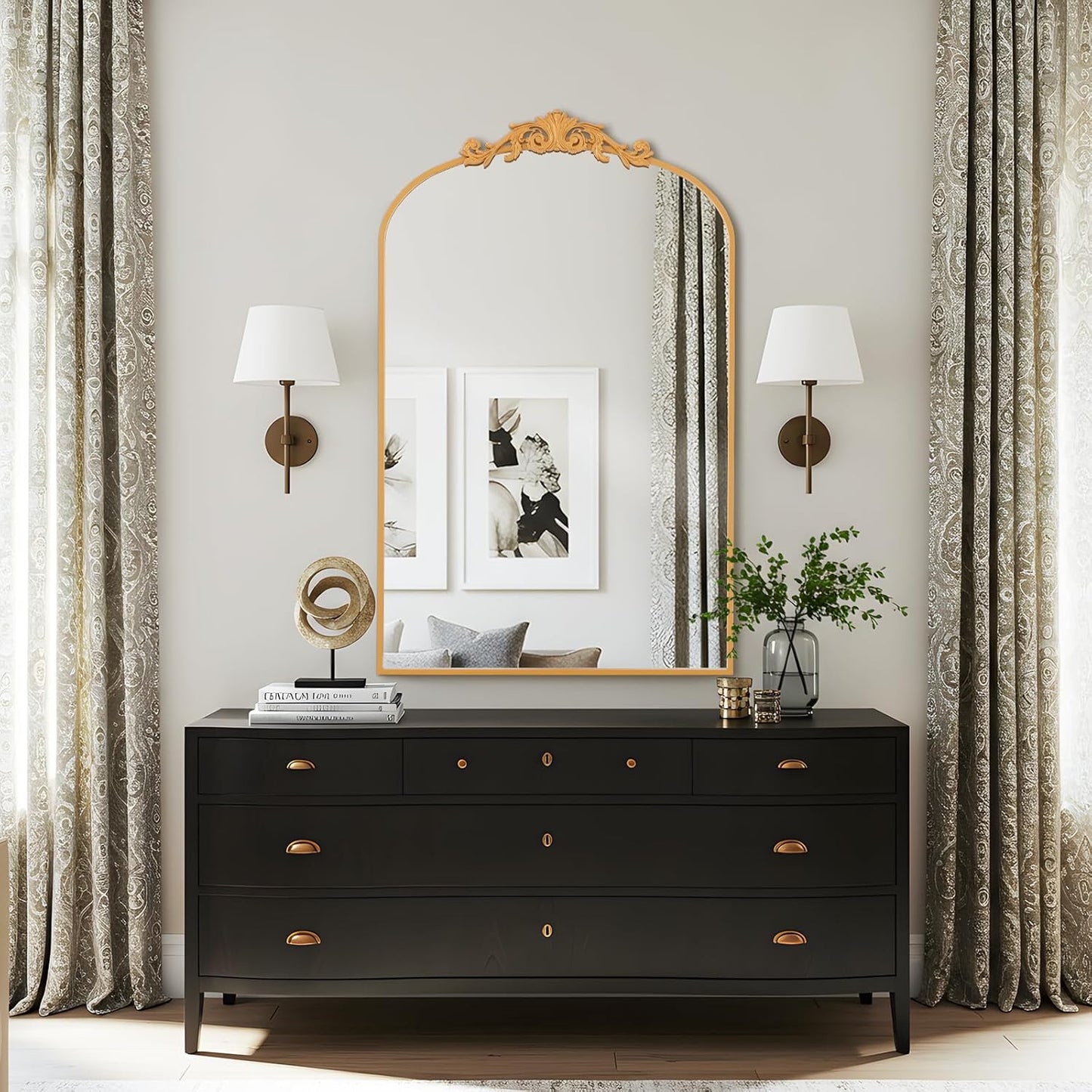 Filigree Arched Wall Mirror 22"x46" Retro Wall-Mounted Mirror with Vintage Ornate Carved Applique Hanging Leaning Antique Home Decor Mirror for Fireplace Living Room Entryway Hallway Bathroom, Gold