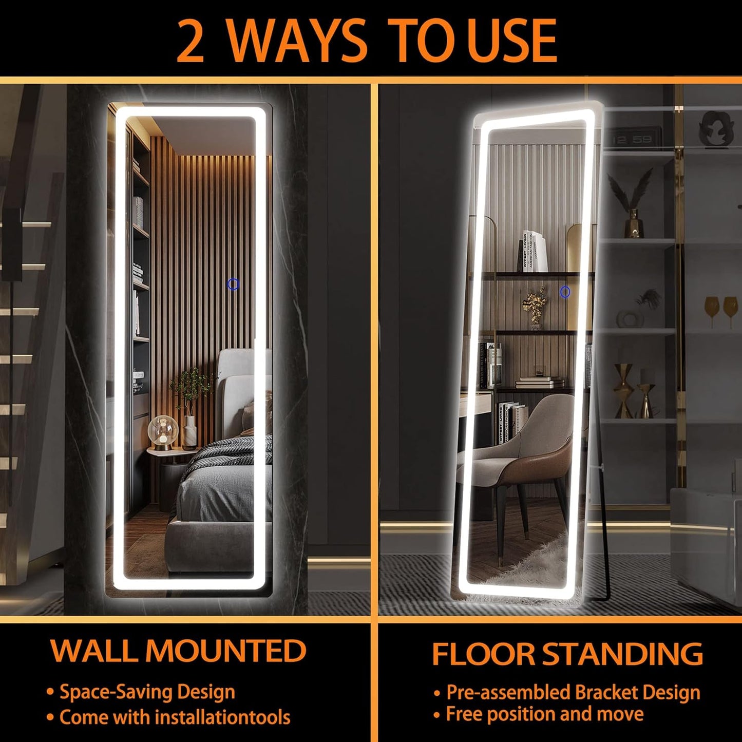 Hasipu Full Length Mirror with Lights, 56" x 16" LED Floor Mirror, Full Body Dressing Standing, Hanging Mounted Mirror for Living Room Bedroom Cloakroom, Round White