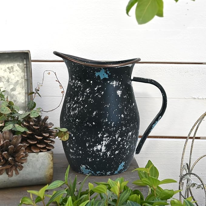 BIG FORTUNE Decorative Pitcher Vase Large Rustic Farmhouse Vase for Flowers Vintage Metal Milk Jug Vintage Decorative Pitcher Kitchen Decorations (Black)