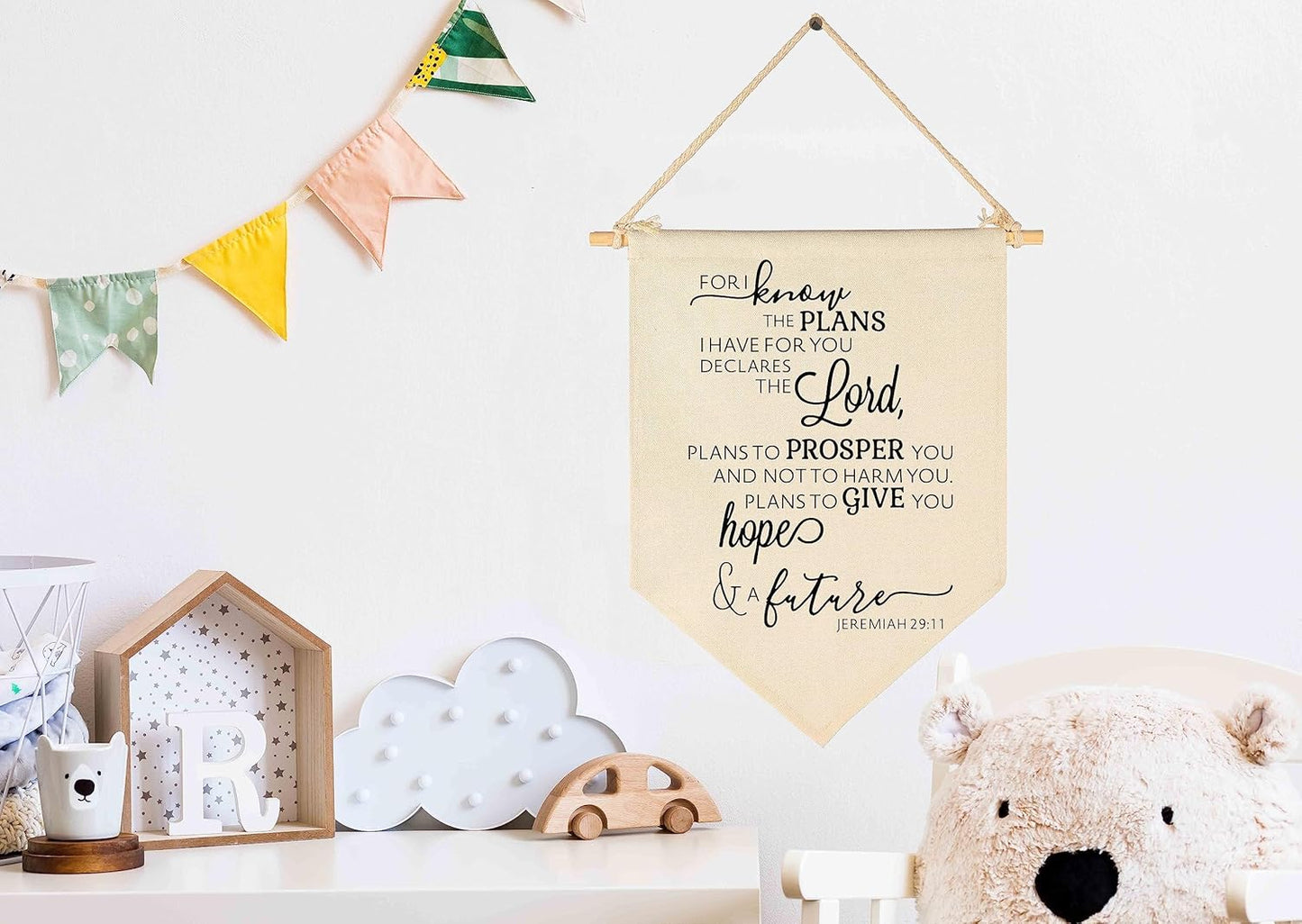 For I Know The Plans- Bible Verse Sign-Scripture Decor-flag Decor Gift For Baby Boys Girls Newborn Kids- Banner Wall Sign Gifts For Nursery Baby Room Playroom Bedroom Front Door