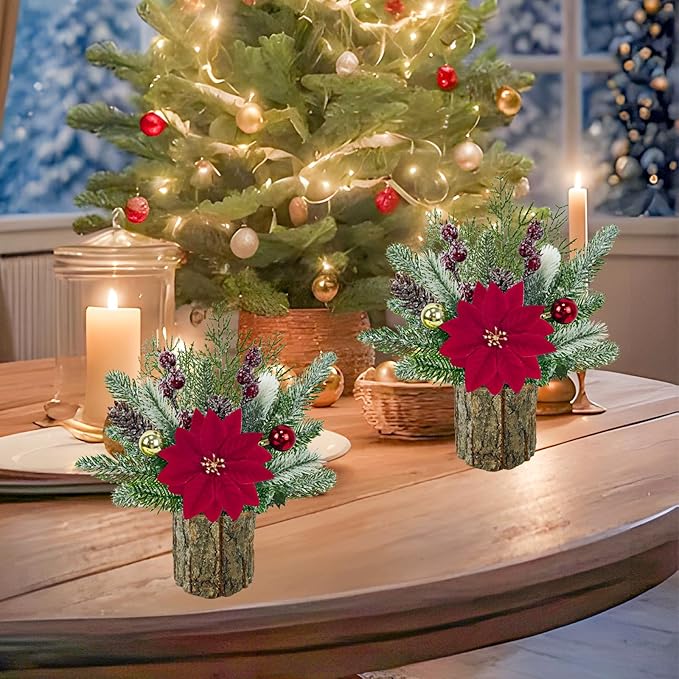 TORONTOKYO 2 Pack Small Christmas Tree, Artificial Tabletop Snowny Mini Christmas Tree Small Fake Plants with Red Poinsettia Berries Balls Pine Cones for Christmas Home Office Desk Party Decorations