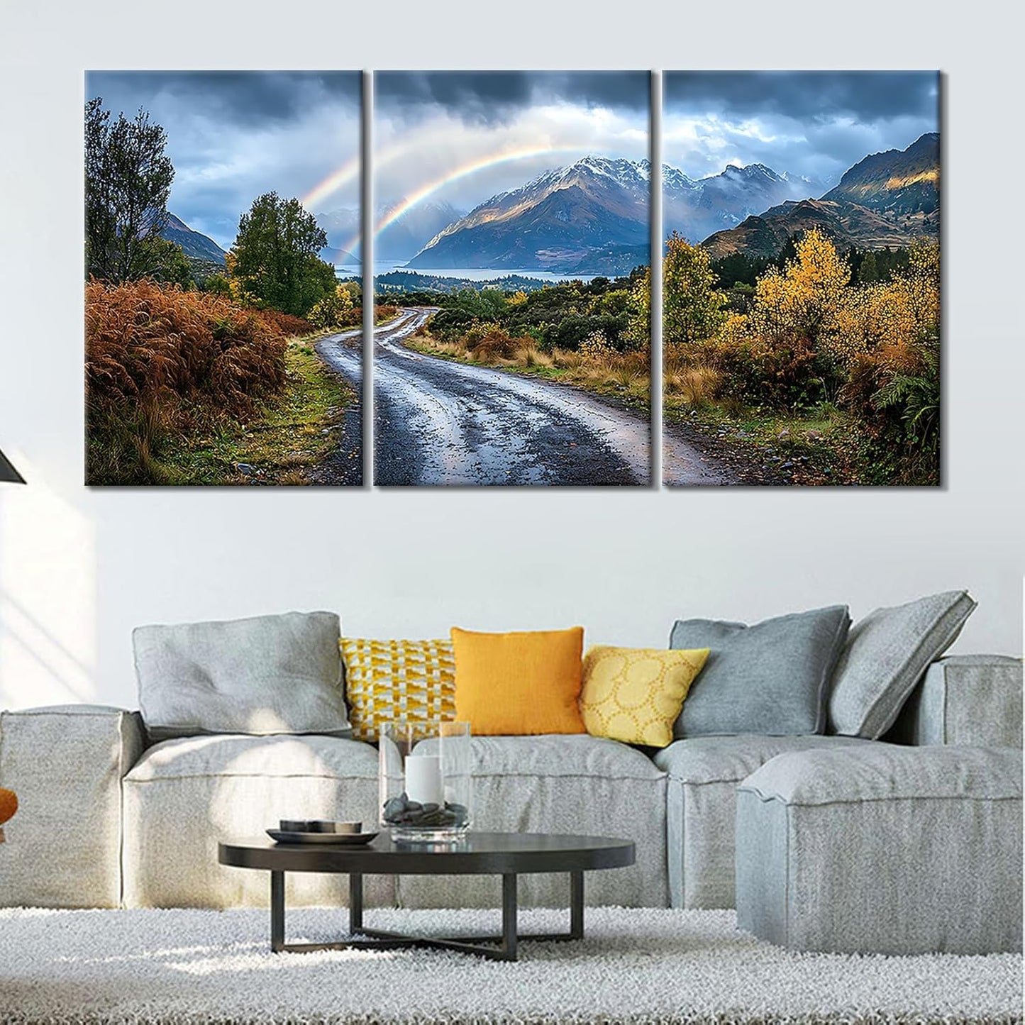 Landscape Canvas Wall Art 3 Pieces Winter Rainbow Forest Defoliation Mountain Picture Print Scenery Theme Poster Painting Artwork for Modern Home Living Room Office Stretched and Framed [72''Wx 36''H]