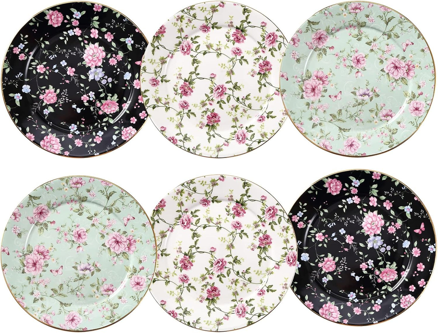 Floral Dessert Plates, Set of 6-8 Inch Ceramic Appetizer Plates with Gold Trim, Vintage Floral Design for Salad, Tea Party & Dinner