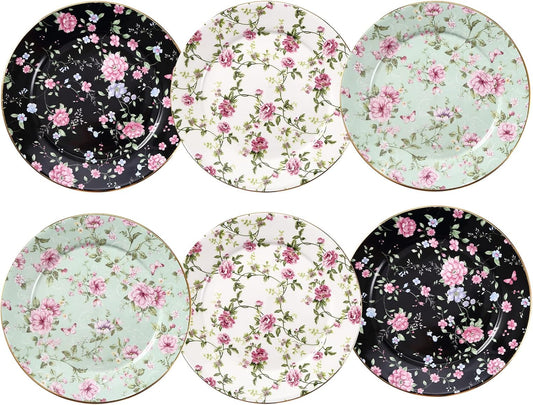 Floral Dessert Plates, Set of 6-8 Inch Ceramic Appetizer Plates with Gold Trim, Vintage Floral Design for Salad, Tea Party & Dinner