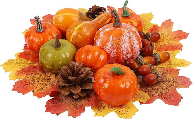 winemana Thanksgiving Fall Decorations for Home-6pcs Mini Pumpkins & 2pcs Gourds, 30pcs Leaves & 10pcs Acorns, 2pcs Pinecones Centerpiece Set-Harvest Decor for Table Mantel (Largest: 4.5" x 2.1")