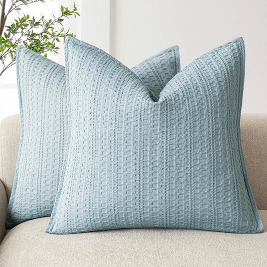Foindtower Set of 2 Decorative Cotton Waffle Weave Throw Pillow Covers Euro Shams Cushion Covers Accent European Pillowcase for Bed Couch Sofa Bedroom Living Room Home Decor 24×24 Inch Light Blue