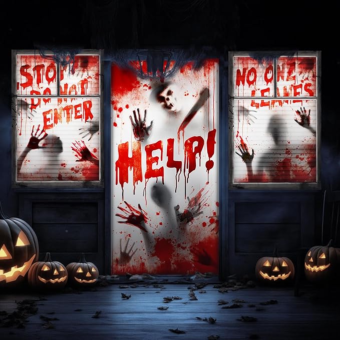 Tioncy 3 Pcs Halloween Window Door Covers Decorations Set Scary Halloween Haunted Window Curtains Zombie Hands Pattern Banner Porch Indoor Outdoor Decoration