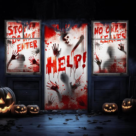 Tioncy 3 Pcs Halloween Window Door Covers Decorations Set Scary Halloween Haunted Window Curtains Zombie Hands Pattern Banner Porch Indoor Outdoor Decoration