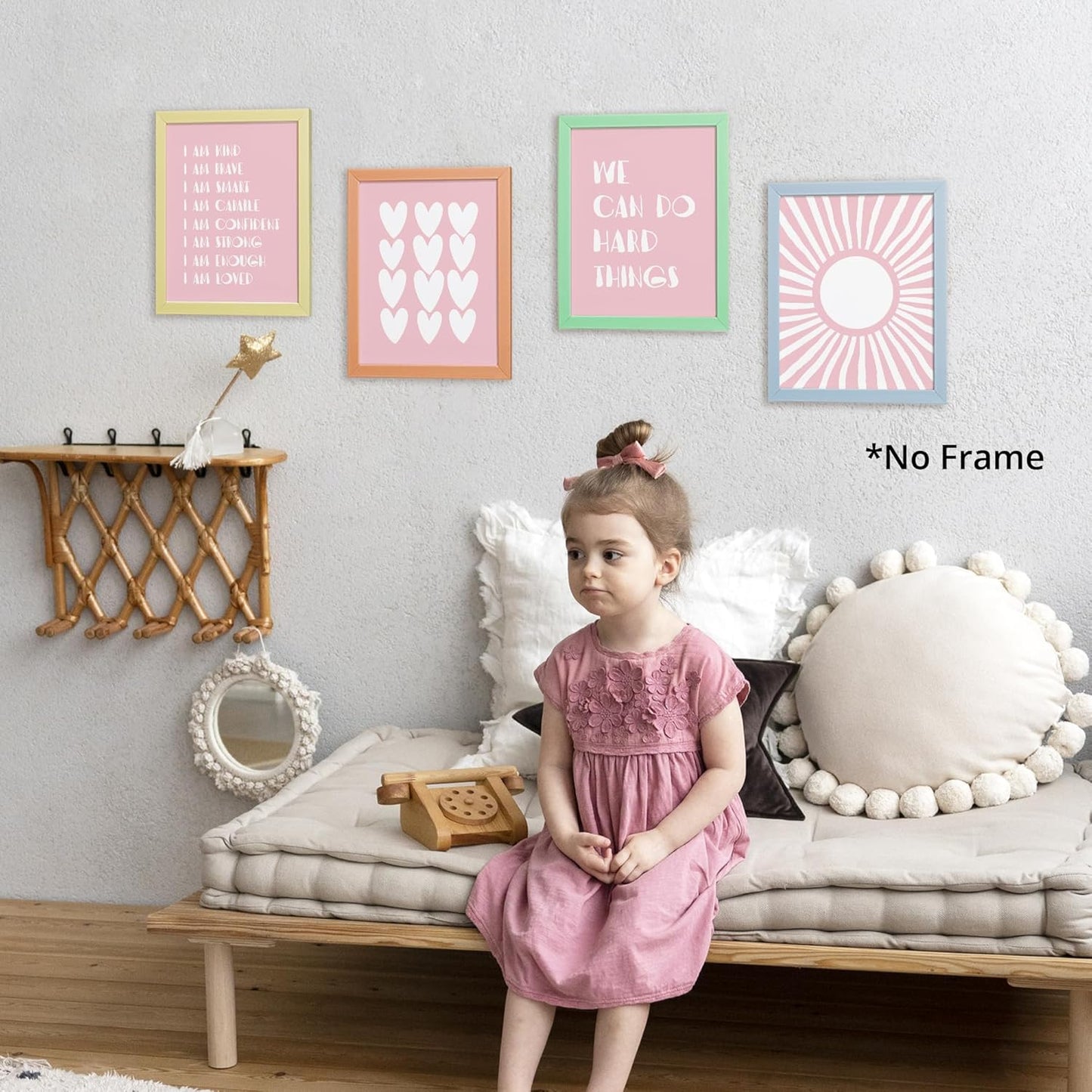 I am Kind Brave Smart Affirmations Pink Sun Sunshine Hearts Poster Prints for Girls Kids Room Playroom Decor,Girl Nursery Decorations Prints Wall Art Unframed 4pcs 8x10inches,Girls Kids Gifts