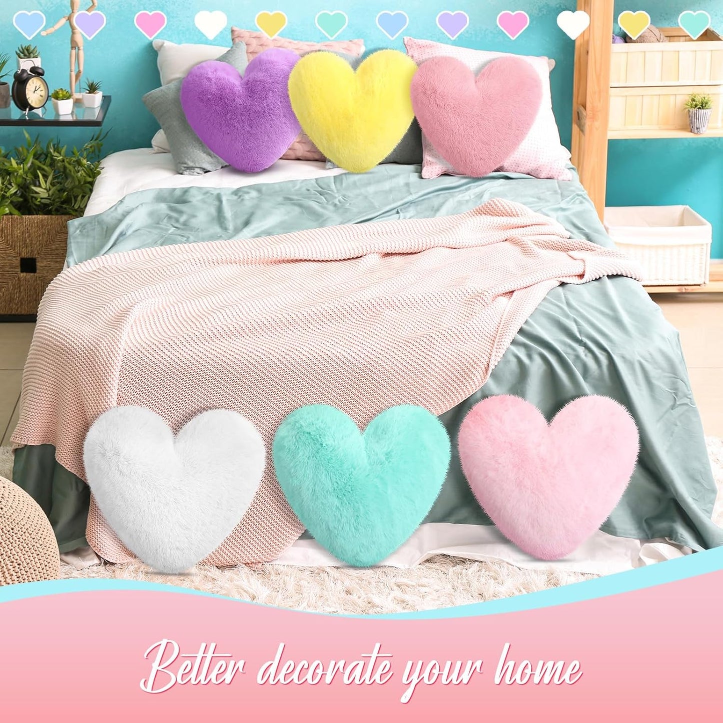 Liliful 6 Pcs Faux Rabbit Fur Heart Pillows Helloween Fluffy Heart Throw Pillows Christmas Cute Couch Cushion Soft Decorative Throw Cushion for Bed Sofa Girls Women(12 x 11 Inch,Light Color)